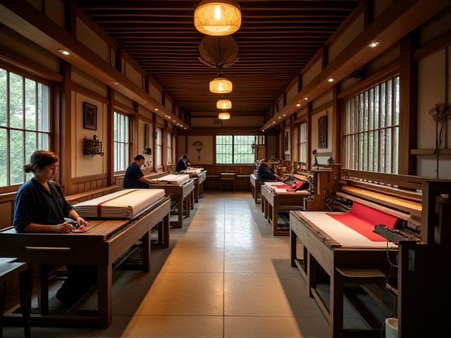 Interior view of the Shinwa Textile artisan workshop in Kyoto, showcasing looms and fabrics.