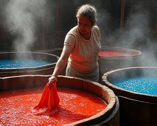 Colorful fabrics being carefully dipped into large traditional dyeing vats by an artisan