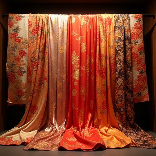 A stunning display of traditional Japanese silk kimono fabrics with intricate patterns and vibrant colors.