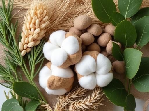 A composition of eco-friendly natural fibers like cotton bolls, flax, and hemp, alongside green leaves.